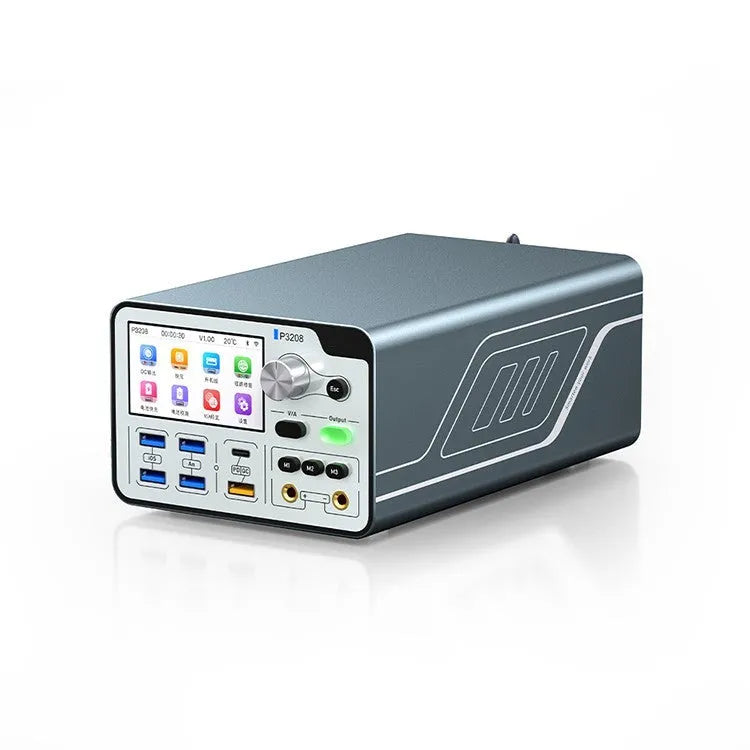 320W smart voltage regulator power meter with blue case and 3-inch IPS display on bench.