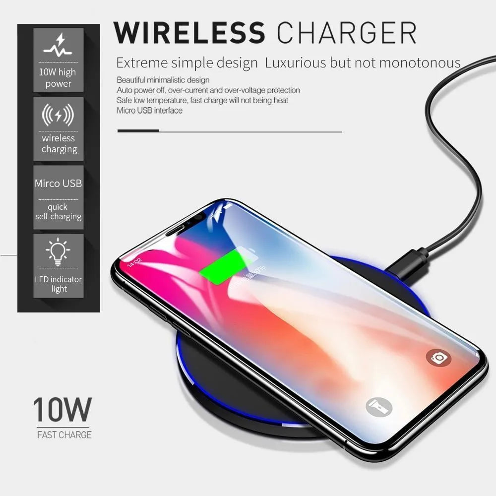 Black square wireless charging pad with ultra-thin profile and USB cable for fast 9V QI charging