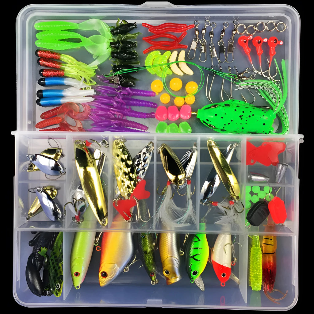 Junior fishing lure suit with PP plastic box containing soft plastic baits including colour thread Lei frog lures