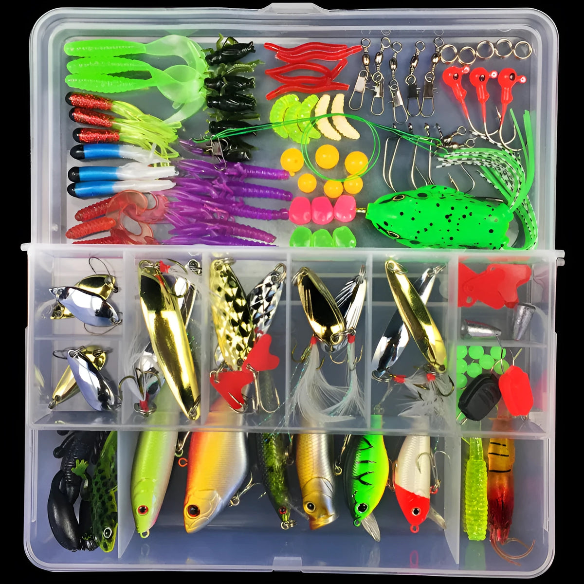 Junior fishing lure suit with PP plastic box containing soft plastic baits including colour thread Lei frog lures