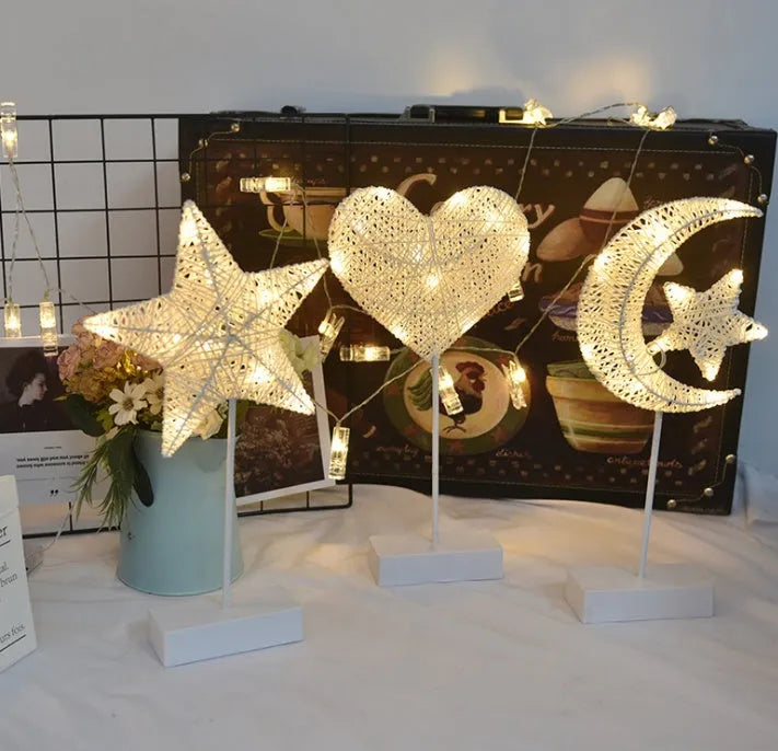 Rattan LED string lights with heart, star, and moon shapes for bedroom decoration