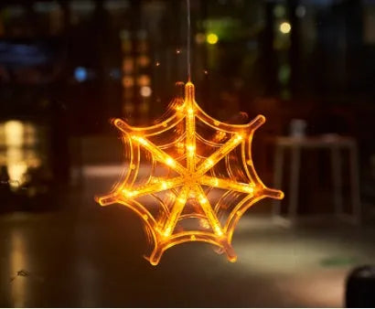 Halloween window hanging LED lights set with spider, pumpkin and ghost designs using battery power