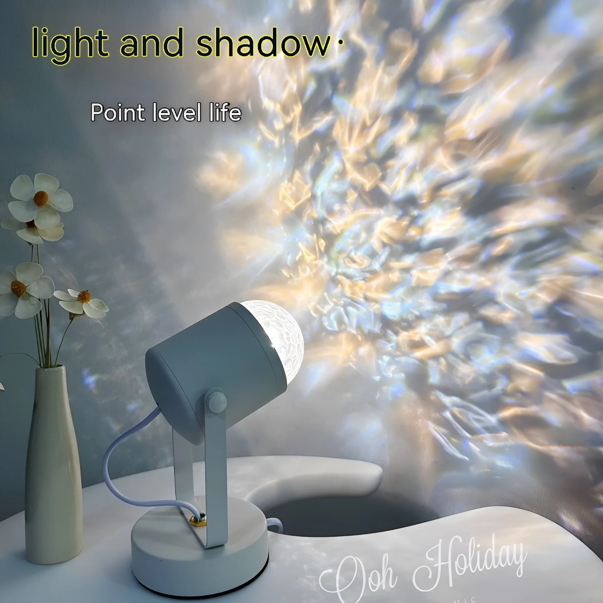 Water ripple ambience light showing ceiling and desktop installation options with metal lamp holder