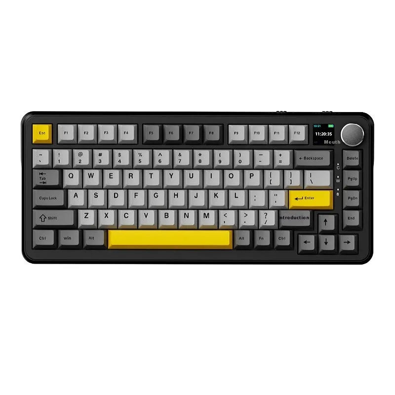 Black, grey and yellow three-mode wireless mechanical keyboard with 75% layout and included accessories