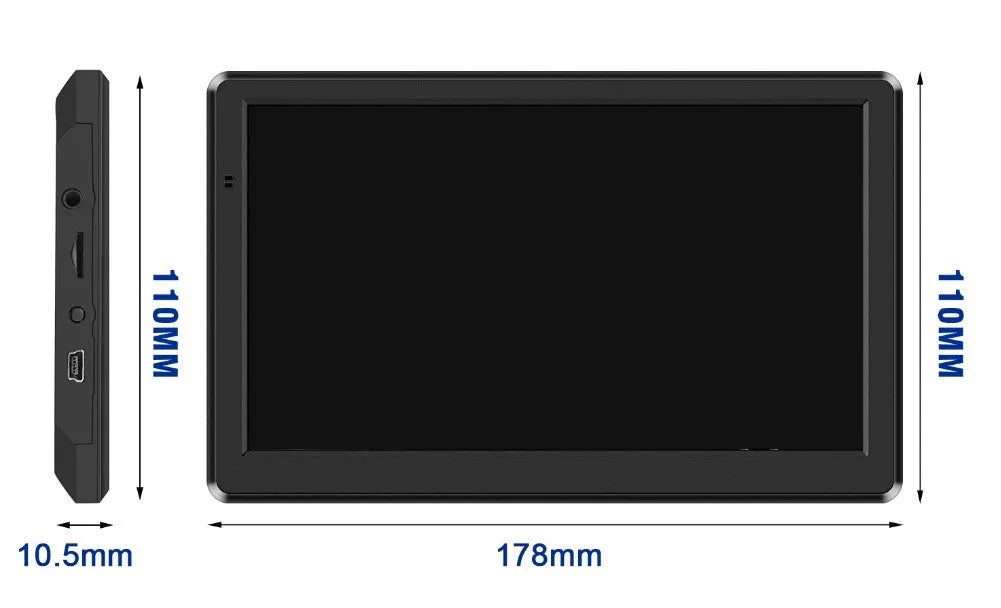 7-inch car GPS navigation device with touch screen display showing international maps