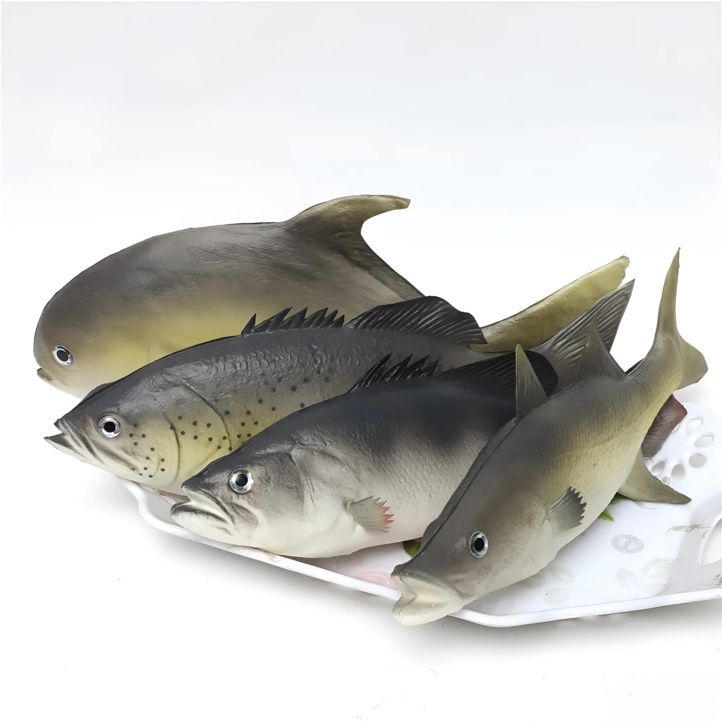 Set of three PU simulated fish models including yellow fin tuna, small tuna, and yellow croaker for display