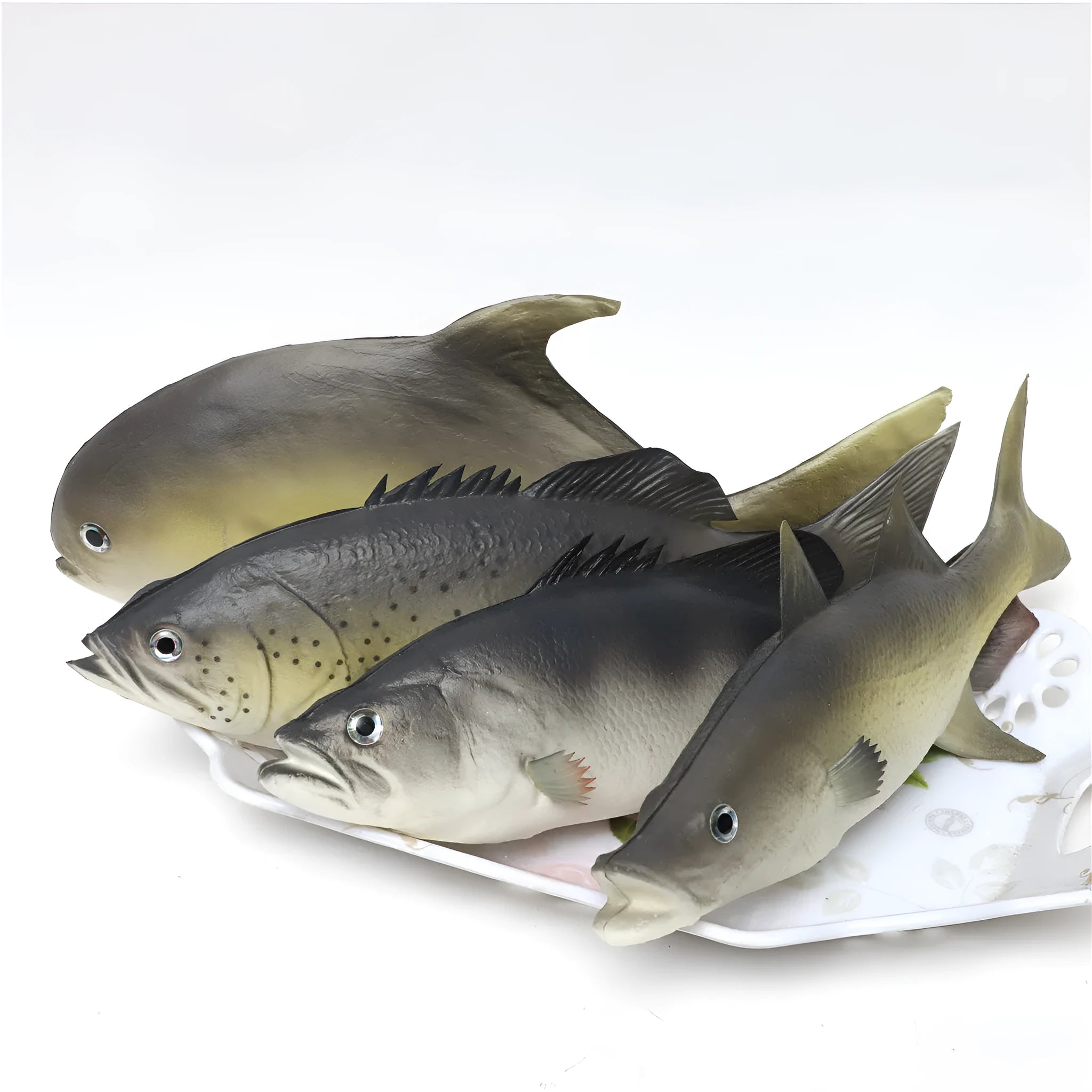 Set of three PU simulated fish models including yellow fin tuna, small tuna, and yellow croaker for display