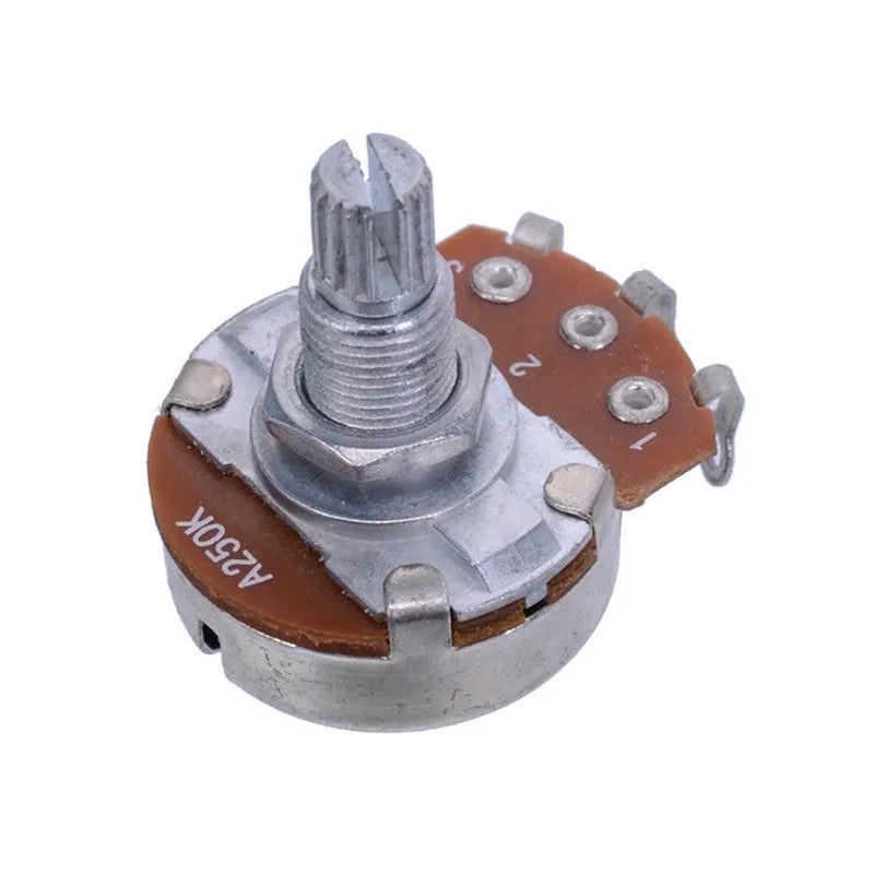 Metal electric guitar potentiometer knob for tone and volume controls.