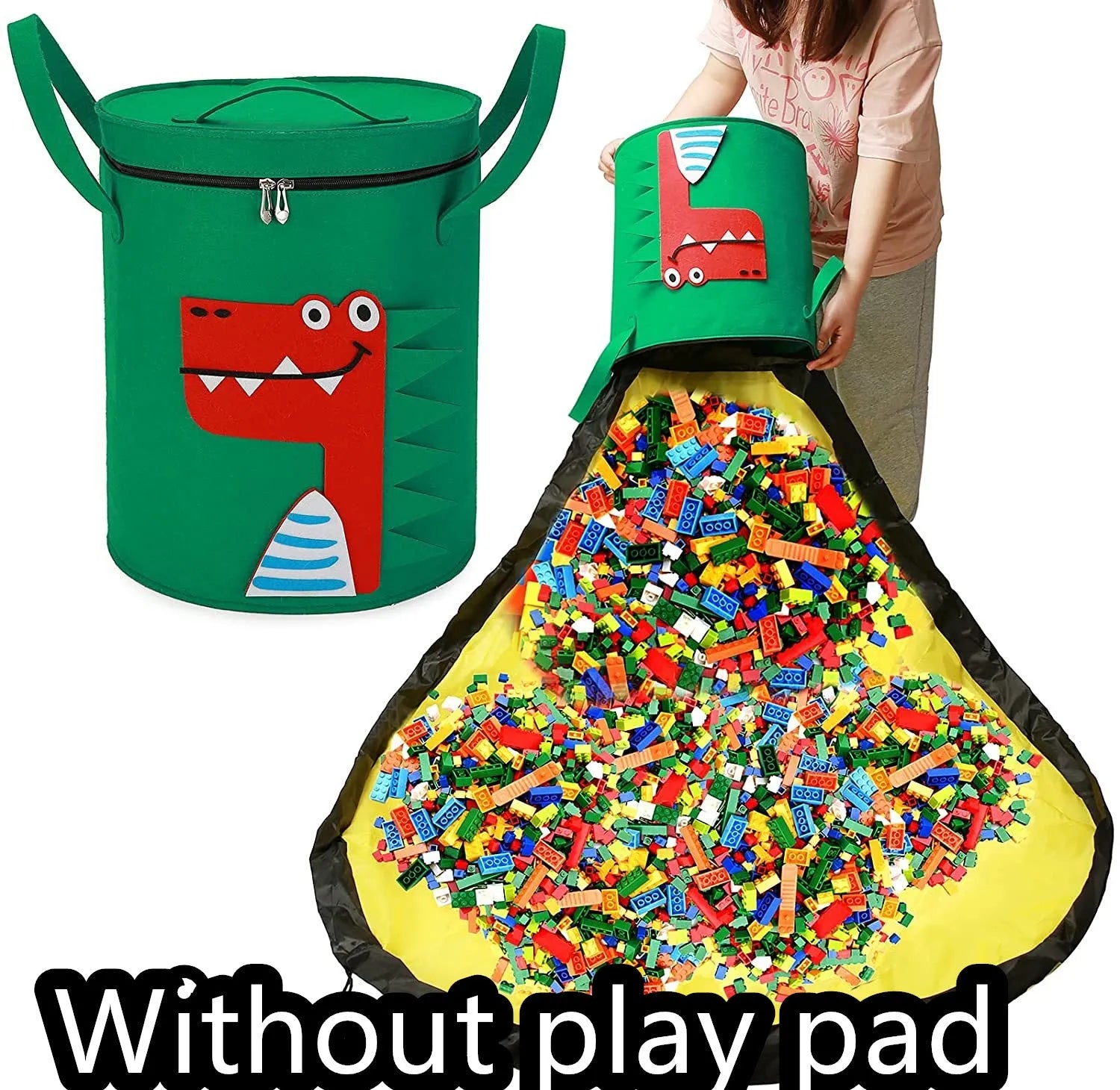 Green felt cube storage bag with pull rope that converts into a flat play mat for toys.