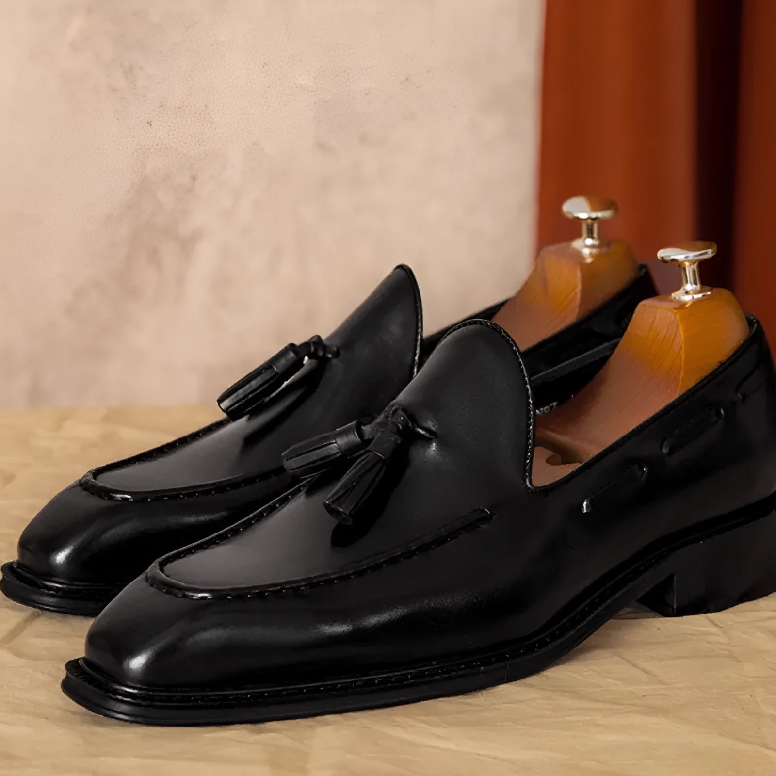 Men's black genuine leather slip-on loafers with rubber sole