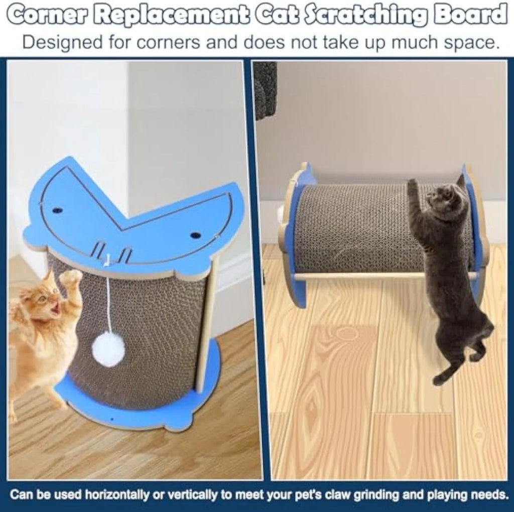 Grey cardboard cat scratching pad in a room corner with a hanging ball attached.
