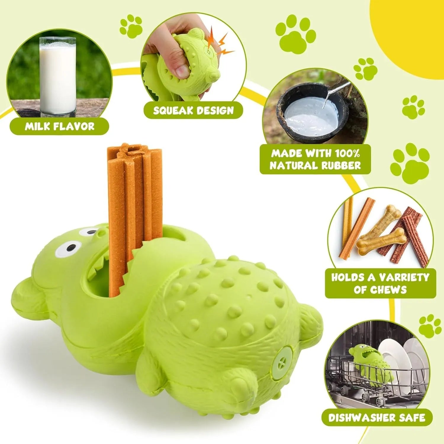 Green and yellow natural rubber squeaky dog toy with thick textured surface for aggressive chewers
