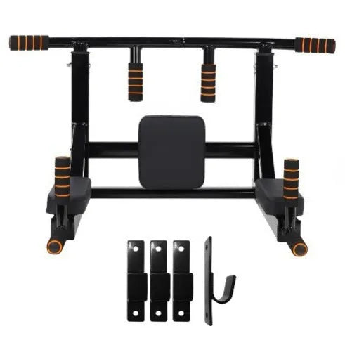 Black steel wall-mounted fitness rack with parallel bars and a sandbag hook.