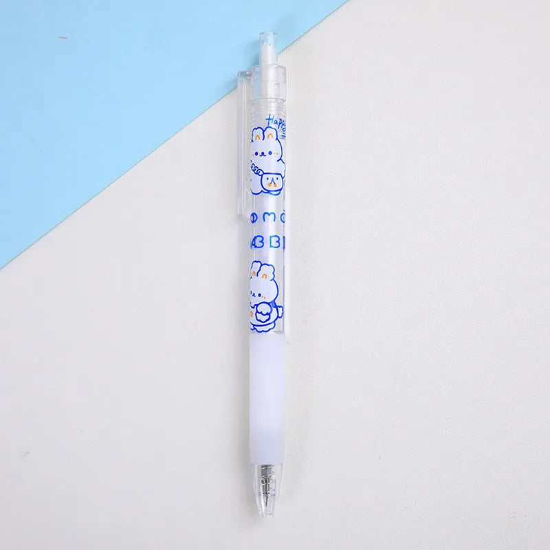 Six cream-coloured press pen knives with bear and rabbit character designs including orange bear, doll bear, and bowtie rabbit