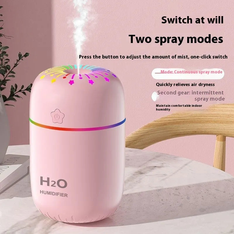 White USB mini humidifier with 300ml tank measuring 75x75x116mm