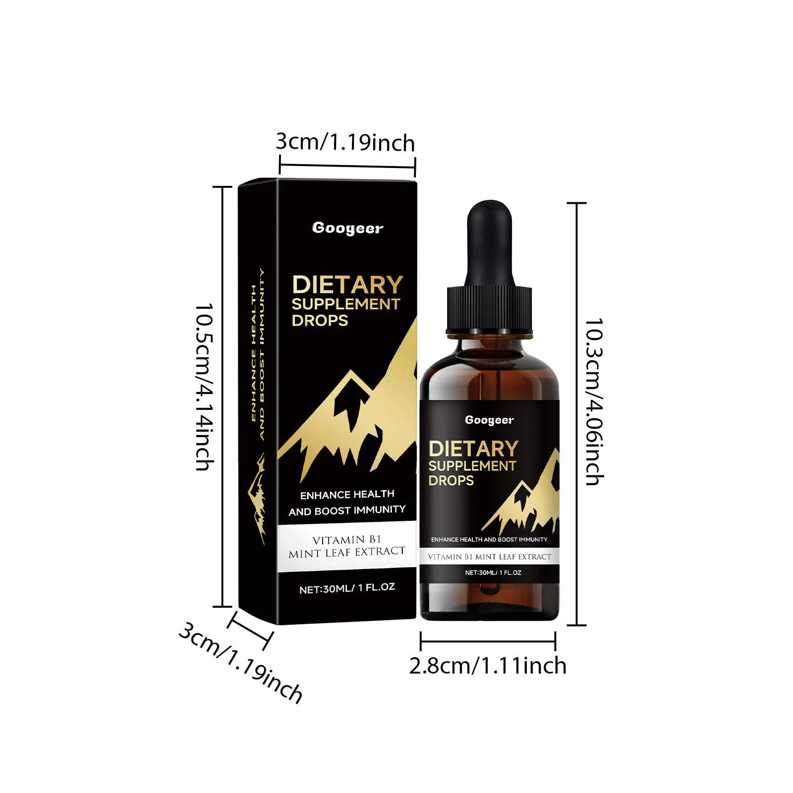 30ml bottle of clear liquid dietary supplement drops with a gluten-free, no-added-sugar label