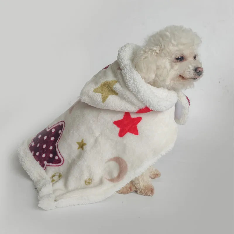 White coral fleece pet cloak pajamas with XINGX and Moon print, sizes M and L