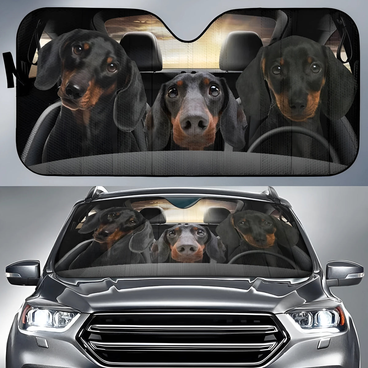 Car front gear snow protection cover showing aluminum film foam polyester fabric construction with lanyard installation system