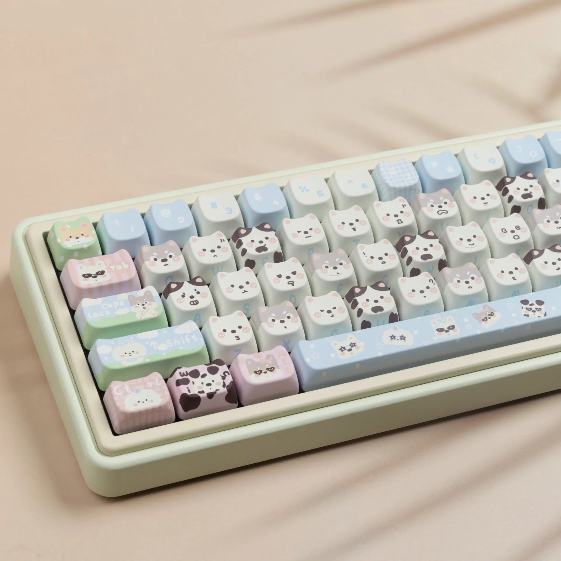 PBT sublimation keyboard key cap set with colourful puppy designs on every key
