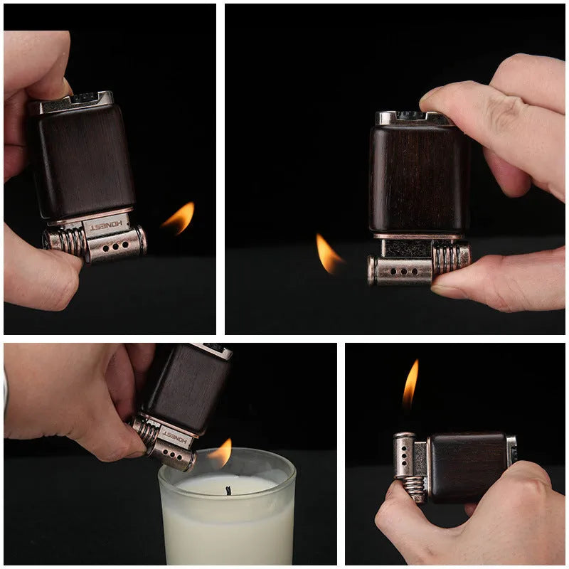 Black wood ebony gas lighter with rosewood sun face, good luck, and pipe carvings