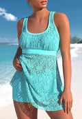 Women's conservative two-piece nylon swimsuit set in a solid colour for professional swimming sports.