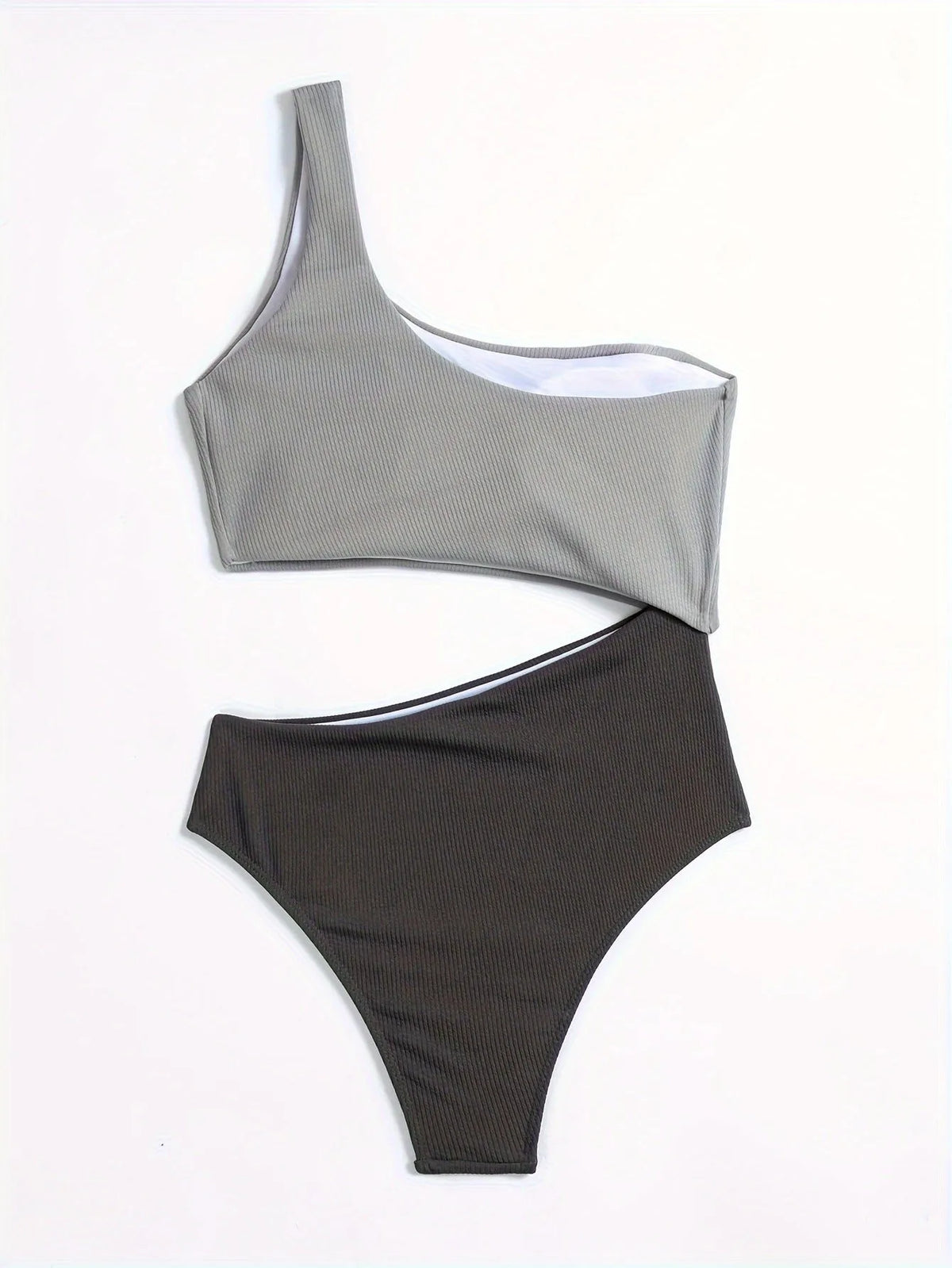 Women's light grey one-shoulder one-piece swimsuit on a white background