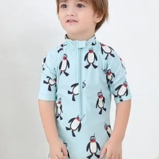 Boys' long sleeve penguin swimsuit with matching swimming cap for beach and pool use