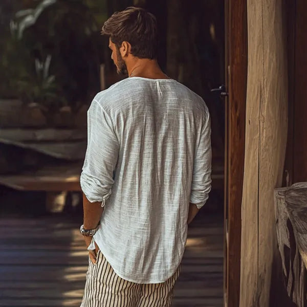 Beige women's V-neck long-sleeved slim-fit T-shirt made from a hemp blend fabric.