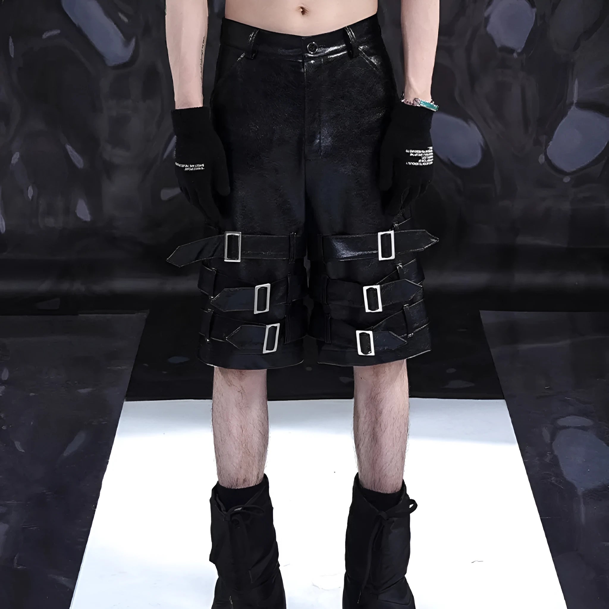 Men's black PU leather cropped pants showing mid to low waist design and flexible polycarbaminate construction