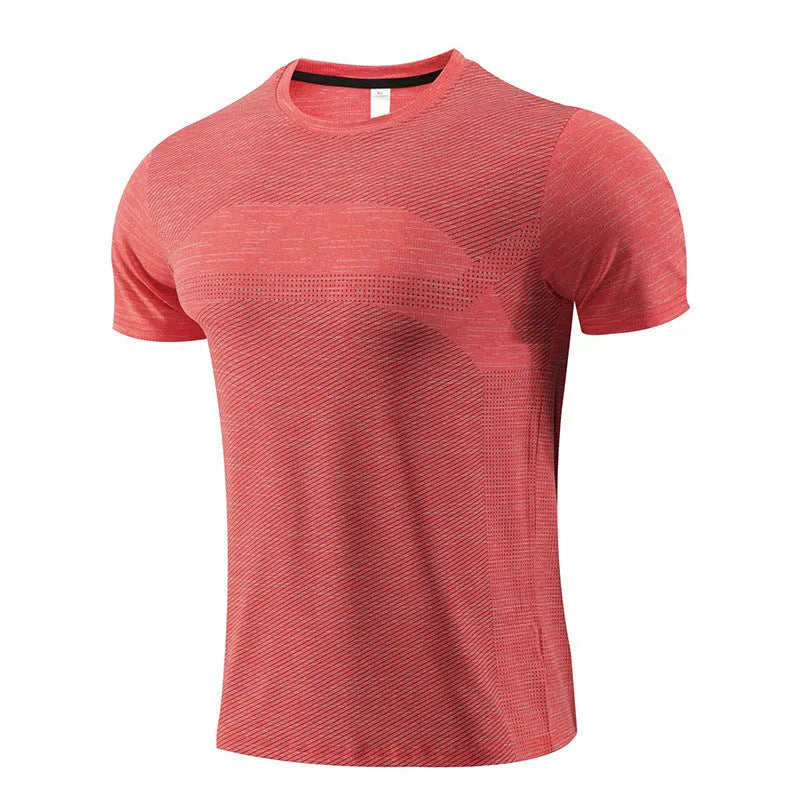 Men's short sleeve basketball T-shirt in polyester spandex, shown in red, on a mannequin.