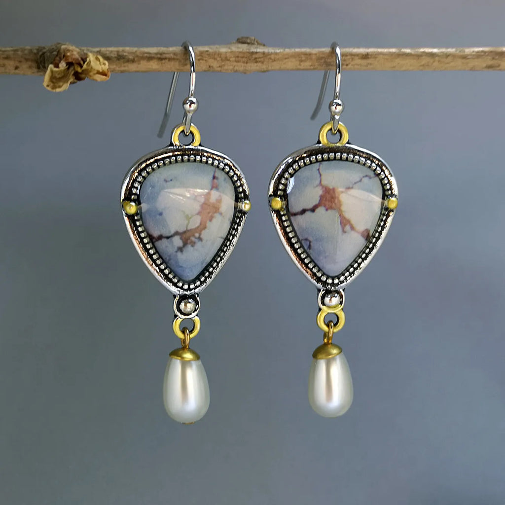 Women's retro blue drop earrings with geometric design featuring synthetic opal and pearl on electroplated metal