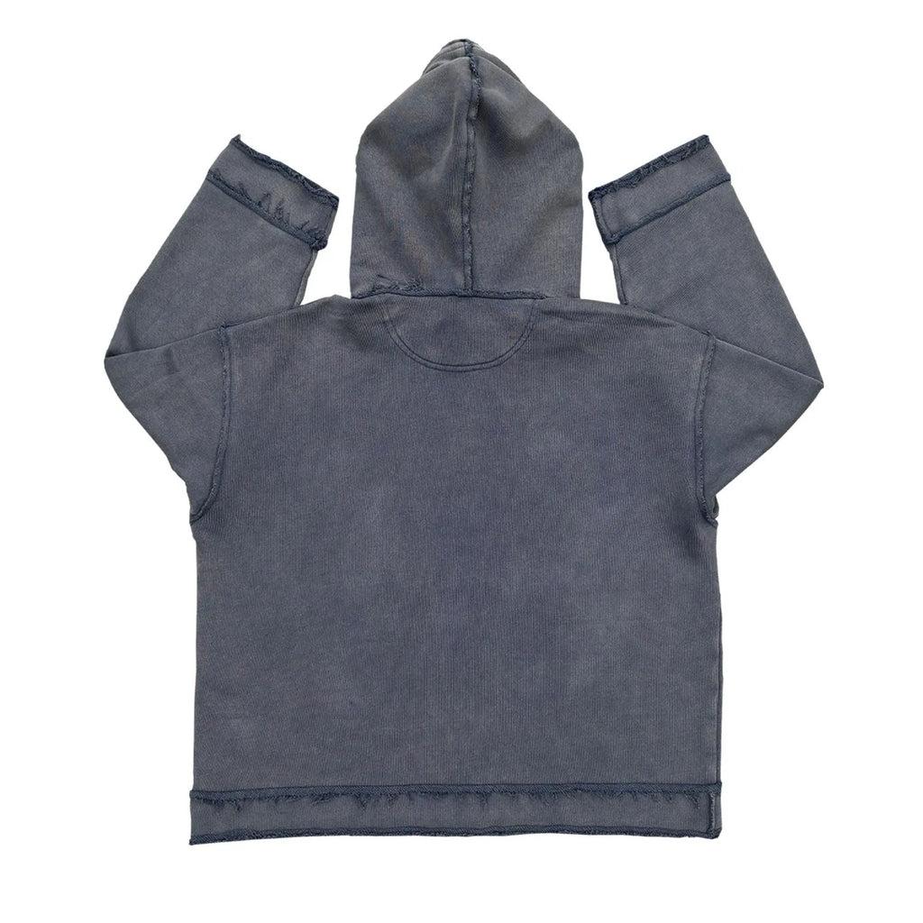 Man wearing a dark blue full zip hoodie sweater.