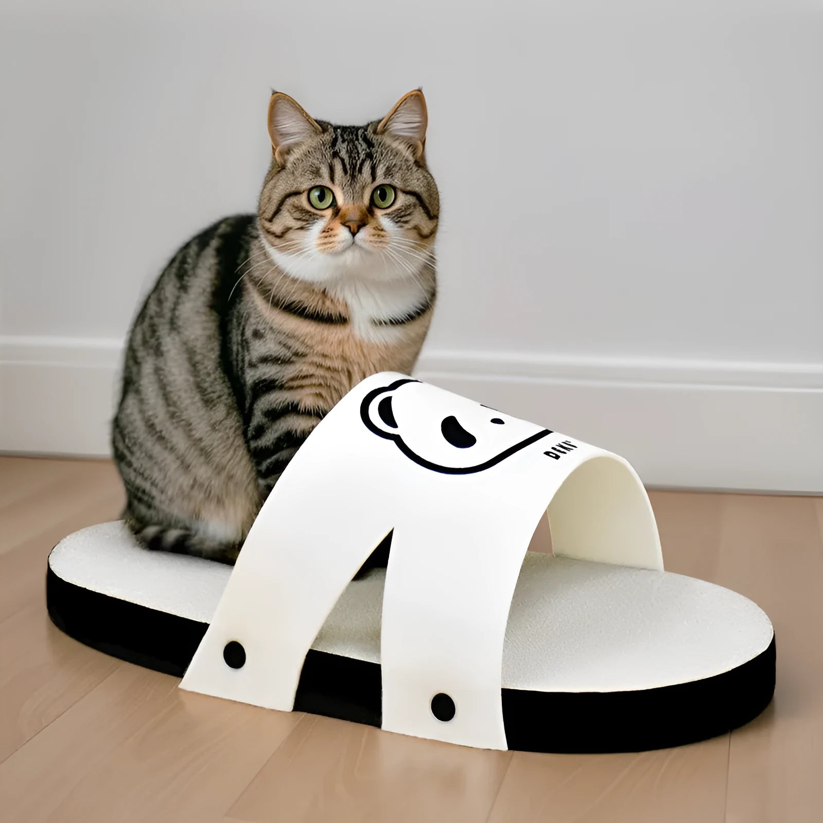 White slipper-shaped corrugated paper cat scratch board on a plain background.