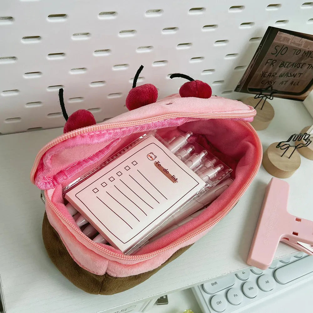 Cherry cake coloured plush velvet pencil bag with Korean style design.