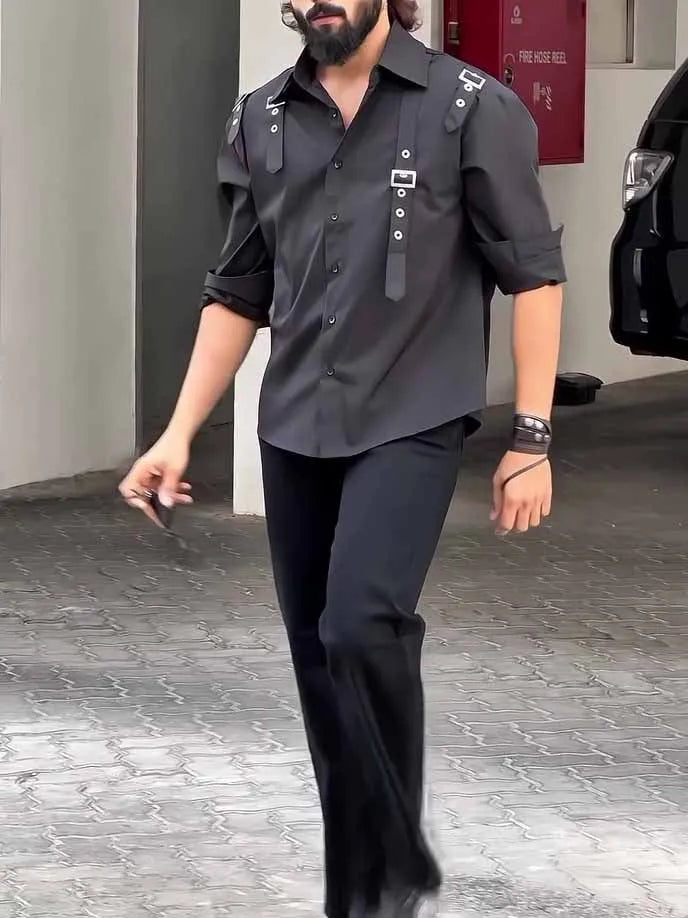 Black polyester button-up shirt for men showing regular fit and standard length design