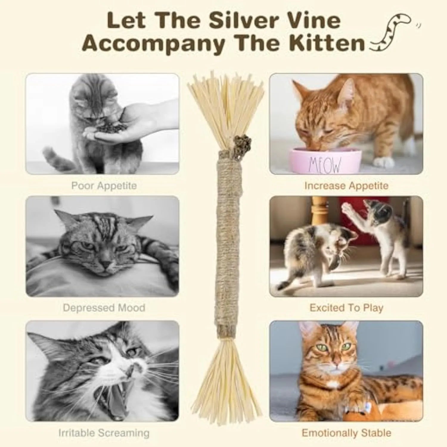 3 pack of natural silvervine chew sticks for cats with sisal rope, fine and thick diameter options