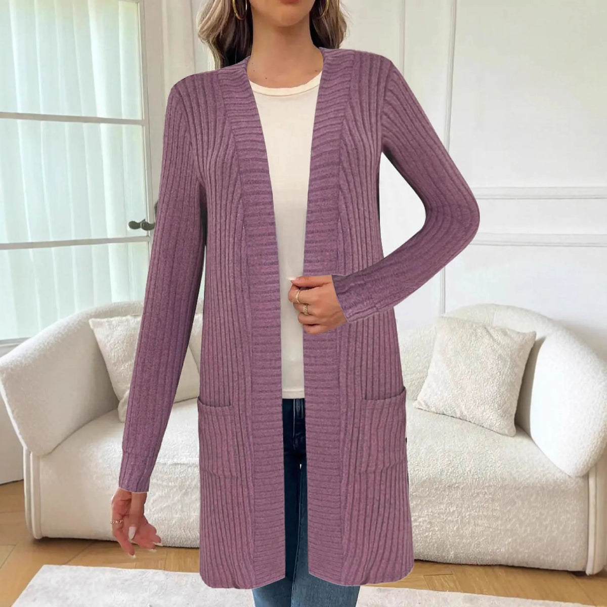 Long sleeve loose fit knitted cardigan jacket in black, wine red, or grey.