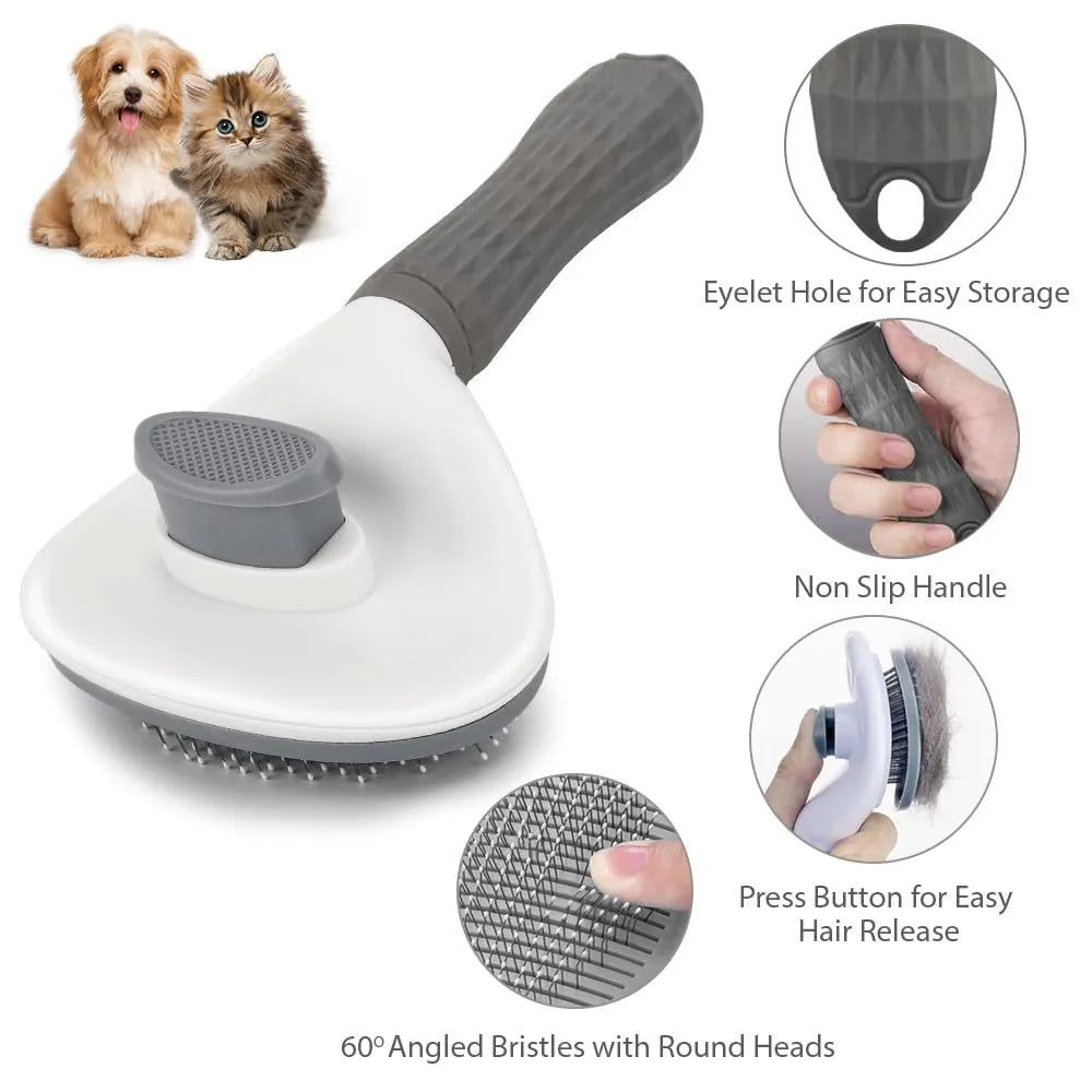 Cat grooming brush with release button in blue, grey, or pink, showing fine wire bristles