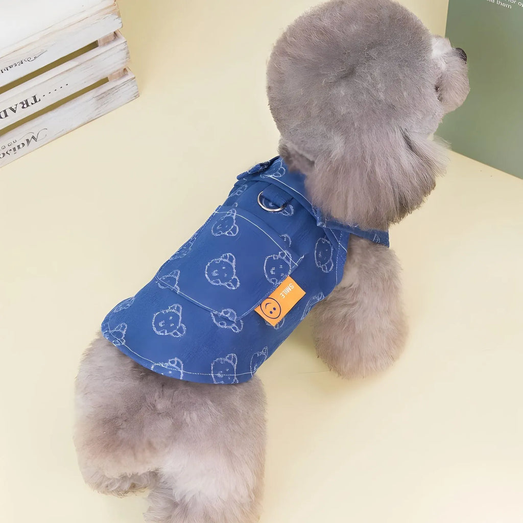 Small white dog wearing a light blue denim bracket-skirt princess dress.