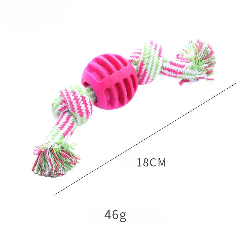 Blue dog chew toy with rope centrepiece for dental cleaning, approximately 9.5 cm diameter
