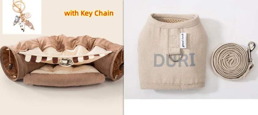 Collapsible fabric cat tunnel toy in bar, coffee, matcha, or pink colours, showing 45cm dimensions