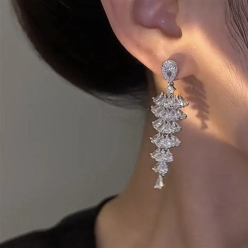 Silver pagoda Christmas tree drop earrings with sparkling zircon detailing and stud fastening