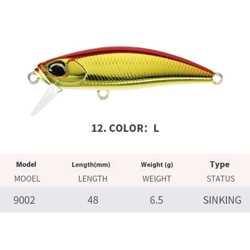 48mm submerged minnow fishing crankbait lure for snakehead and mandarin fish in multiple colours.