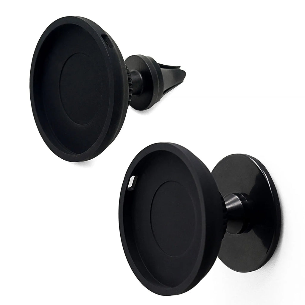 Black magnetic car phone holder mounted on vehicle air vent with smartphone attached, showing 360° rotation capability