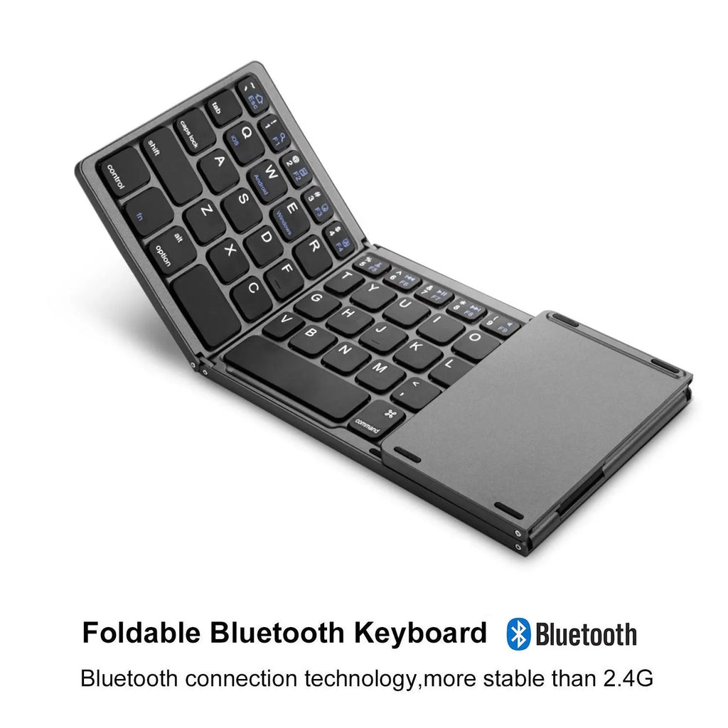 Portable tri-fold Bluetooth keyboard in black or silver with compact folded design