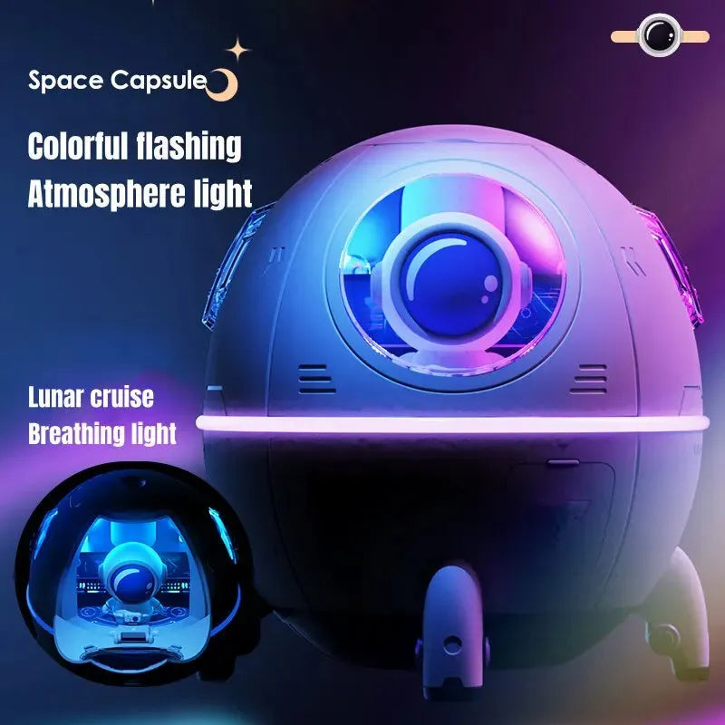 Light purple astronaut-shaped USB humidifier with 220ml tank and colourful LED light on desktop