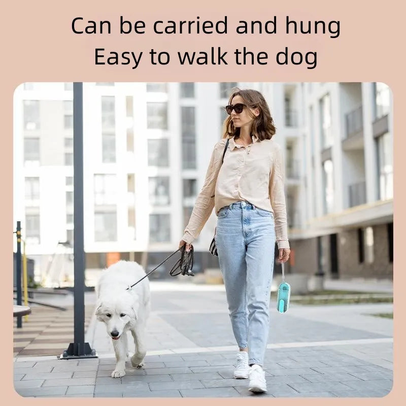 Portable blue pet water bottle with foldable silicone drinking bowl and carabiner clip for dogs and cats