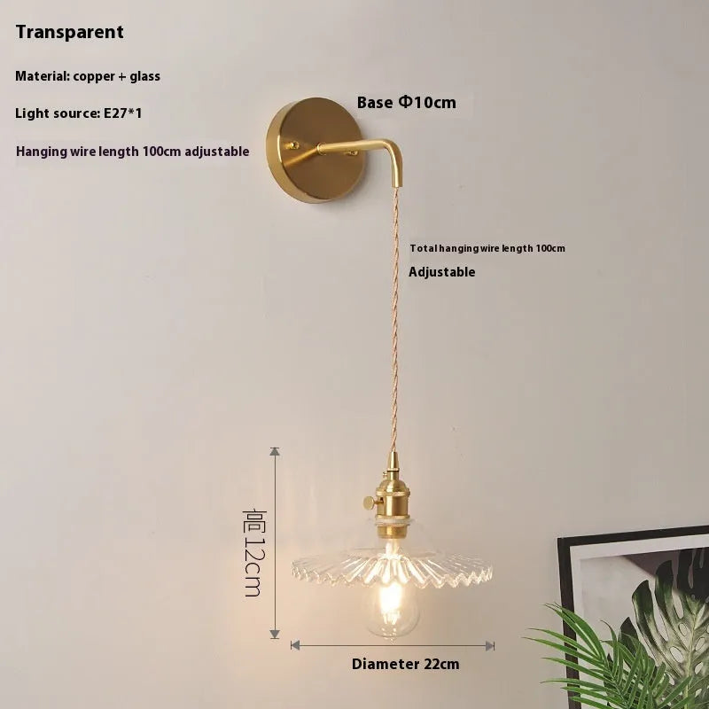 Copper retro wall lamp with lotus-shaped glass shade in six colour options