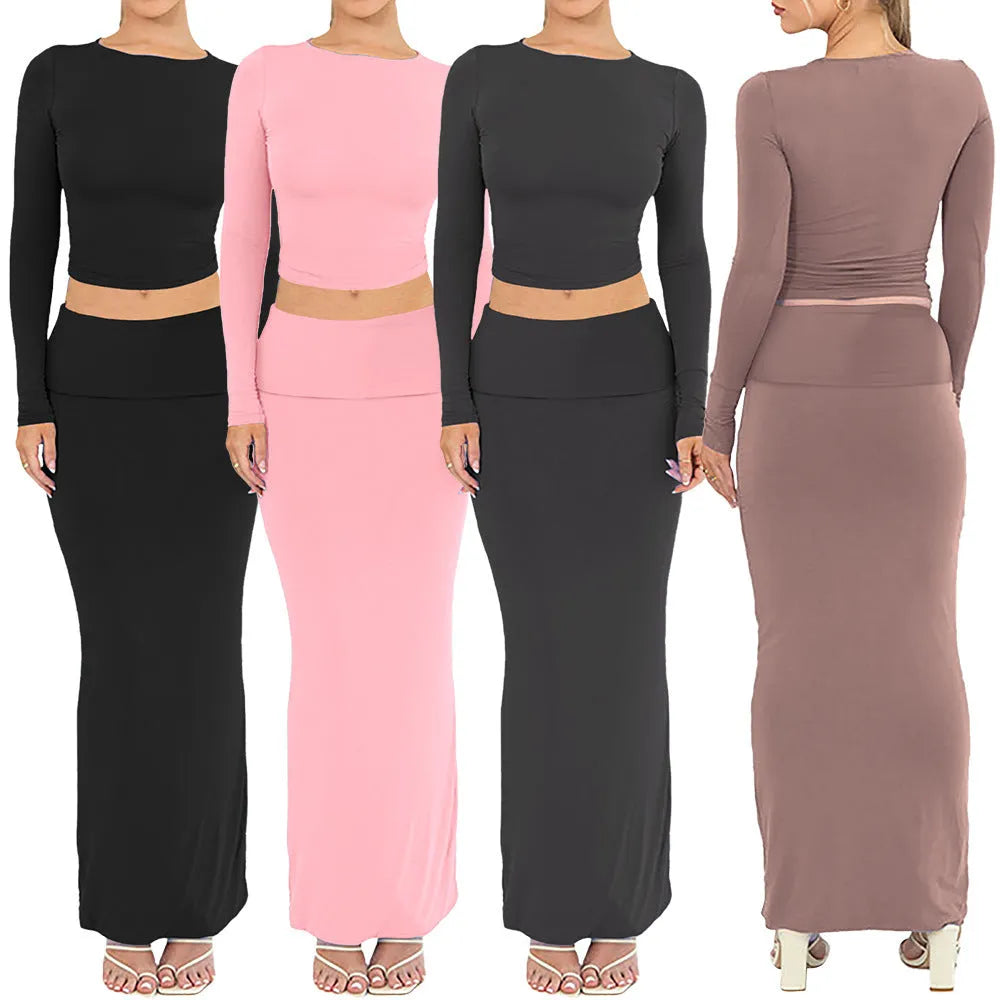 Women's sweet style polyester two-piece suit set with crop top and long skirt in autumn colours.