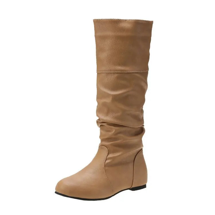 Women's flat heel slip-on ankle boot in artificial PU leather with a round toe and high cylinder sock.